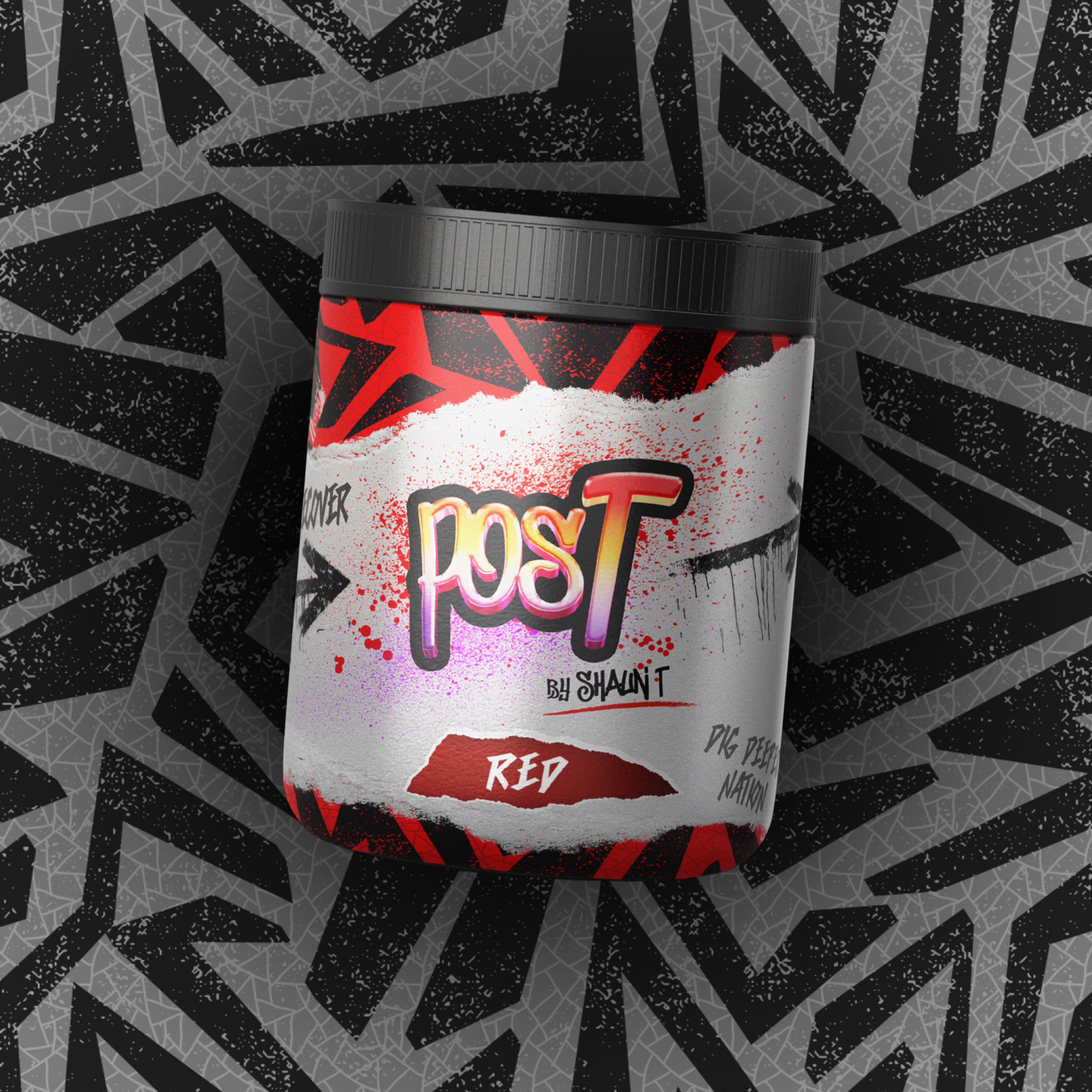 Supplements by Shaun T posT post-workout recovery supplement in red flavor, shown in branded container