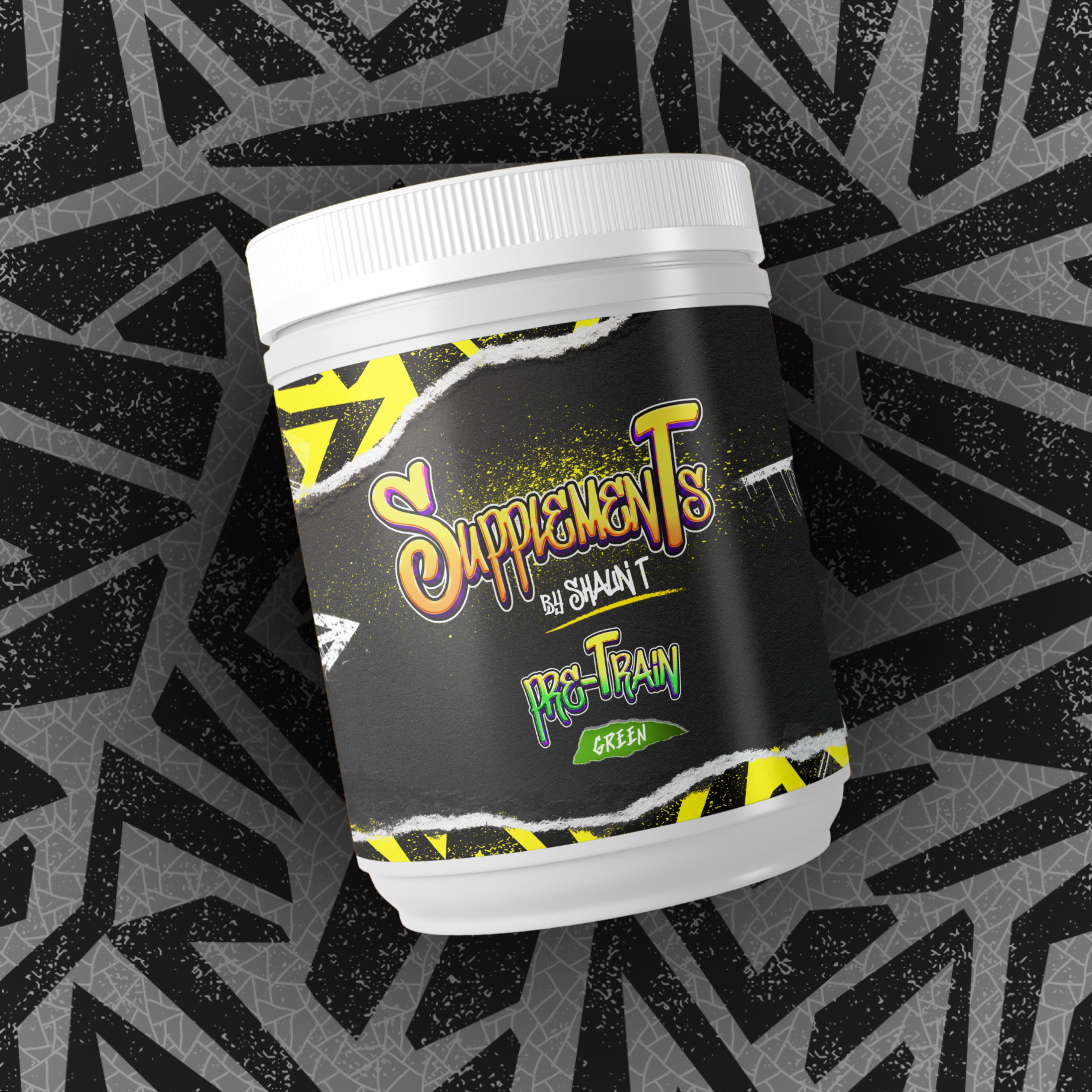 Supplements by Shaun T pre-Train pre-workout supplement in green apple flavor, shown in branded container